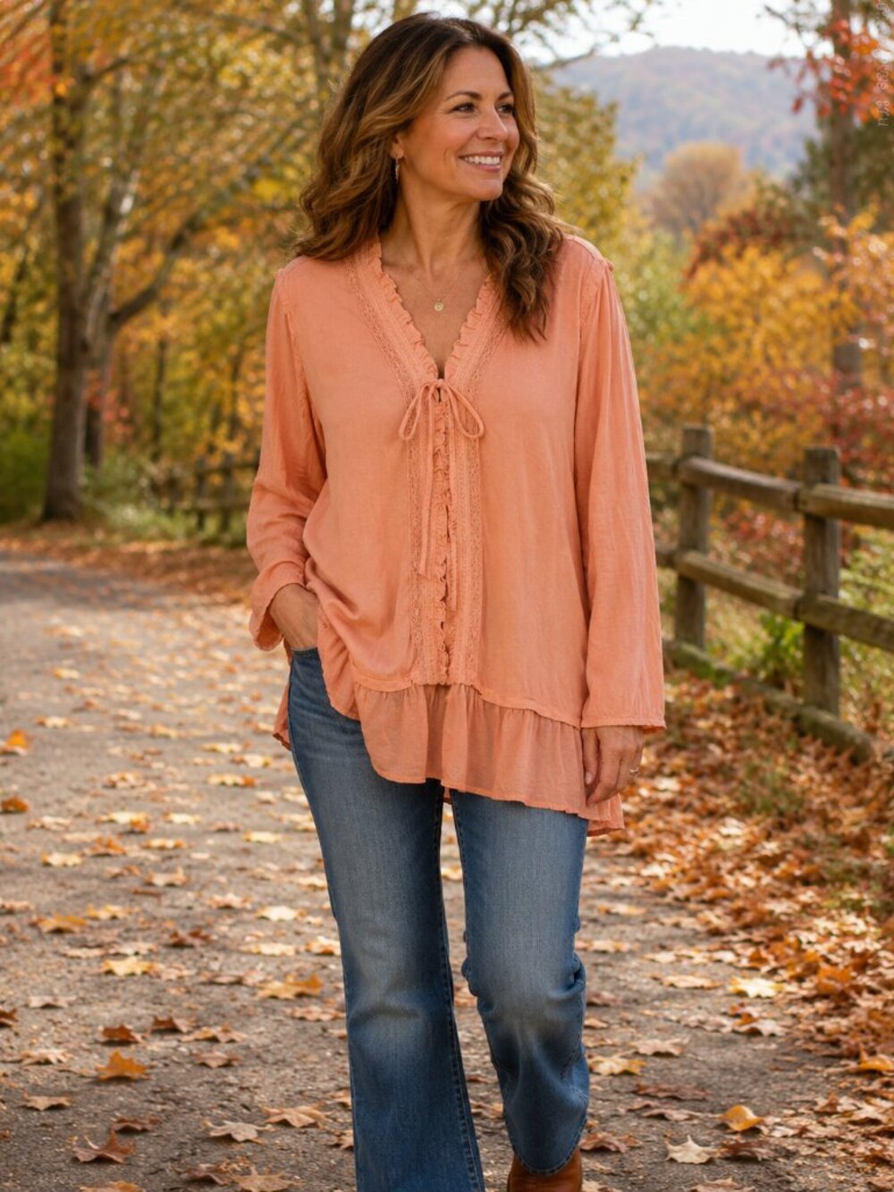 LOGO by Lori Goldstein Long Sleeve V-Neck Open Front w/Tie Apricot Tunic L